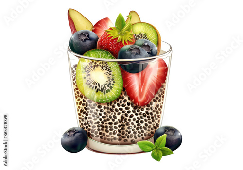 Healthy slimming chia pudding with fruit topping isolated on transparent background.