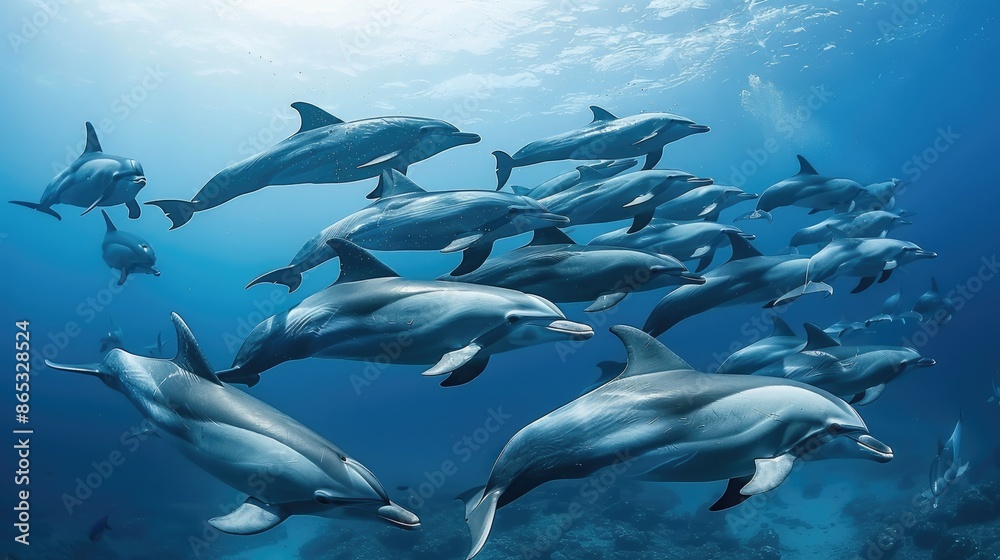 Obraz premium Captivating dolphin pod swimming gracefully in unison, their synchronized movements a mesmerizing spectacle of underwater harmony