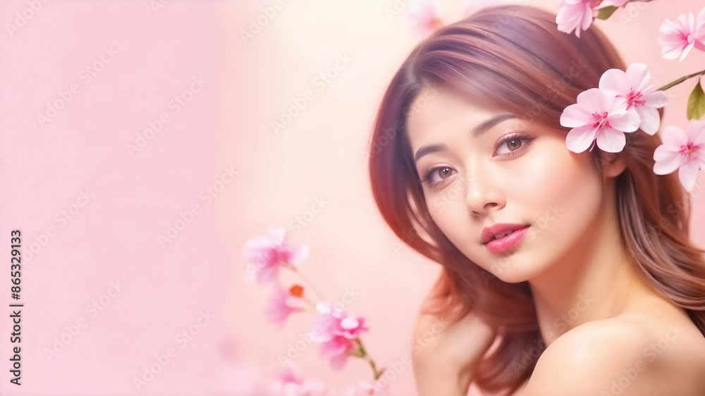 Asian woman in pink background with flower, for facial banner Asian woman in pink background with flower, for facial banner