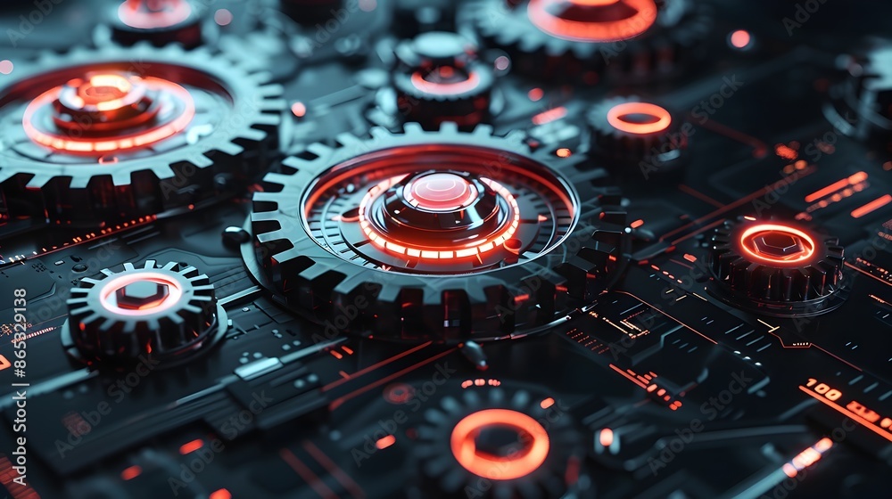 Fototapeta premium Cutting-Edge Futuristic 3D Gears with Augmented Reality Overlays for Advanced Business Technology