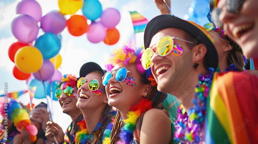 Cheerful participants adorned in rainbow attire, spreading love and acceptance at an LGBT parade with a sky full of colorful balloons