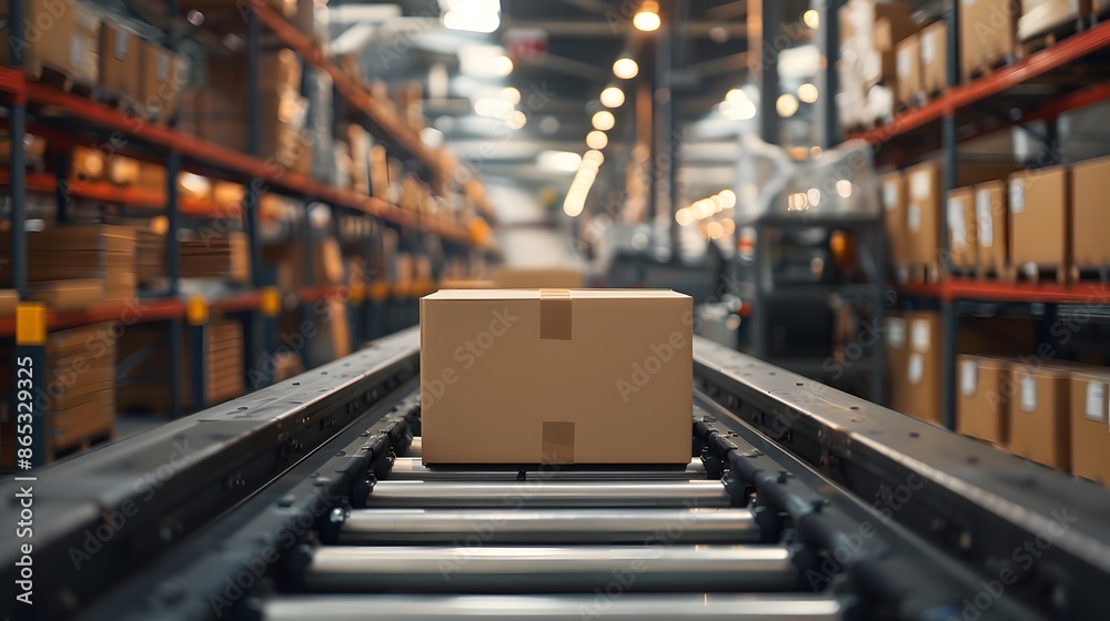 A box on the conveyor belt in an e-commerce warehouse, ready for shipping. Natural light was used to highlight details and create depth. A box on the conveyor belt in an e-commerce warehouse, ready for shipping. Natural light was used to highlight details and create depth.