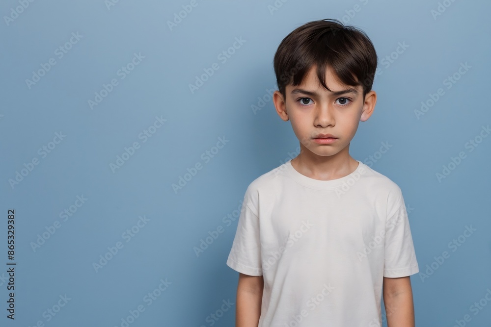 Young boy with angry or dissatisfied face standing against a blue background with copy space. Young boy with angry or dissatisfied face standing against a blue background with copy space.
