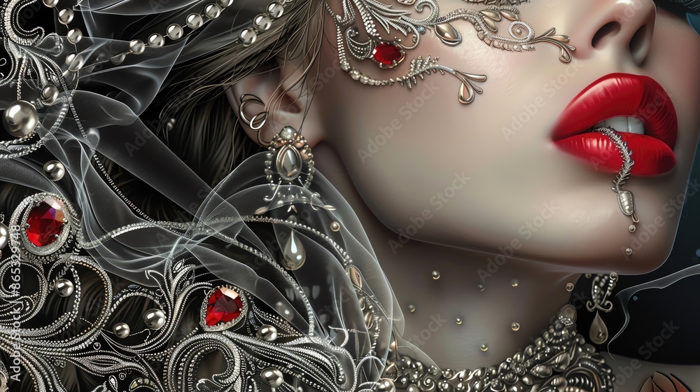 Exquisite close-up of an ornate jeweled mask and red lipstick on a woman's face, showcasing luxury and elegance in detailed digital art.