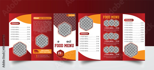 Set of restaurant business tri-fold brochure template with colorful design a4 size layout. Food menu design for leaflet or flyer with flat modern and liquid elements. Creative and clean typography.