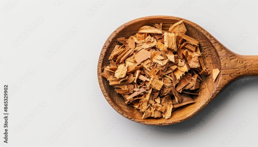 Top view of white background with sandalwood on wooden spoon Top view of white background with sandalwood on wooden spoon