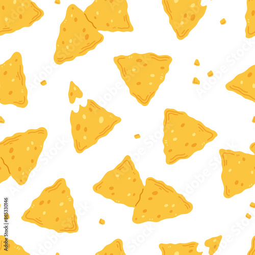 Seamless pattern with nachos snack in cartoon flat style on a white background. Vector illustration background with traditional Mexican food.