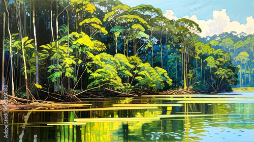 Illustration of a vast expanse of the Amazon Rainforest with a river winding through, reflecting the lush green forest. Blue sky with some clouds.Nature, climate change concept.		 photo