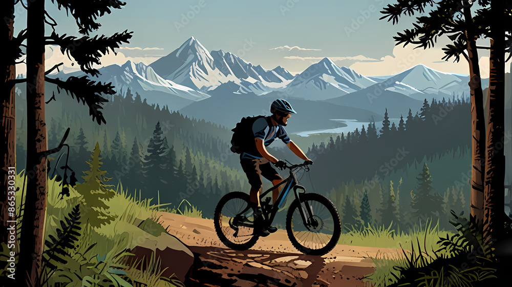 Fototapeta premium illustration of mountain bikers navigating a rugged trail through a dense forest, with a scenic mountain range in the background