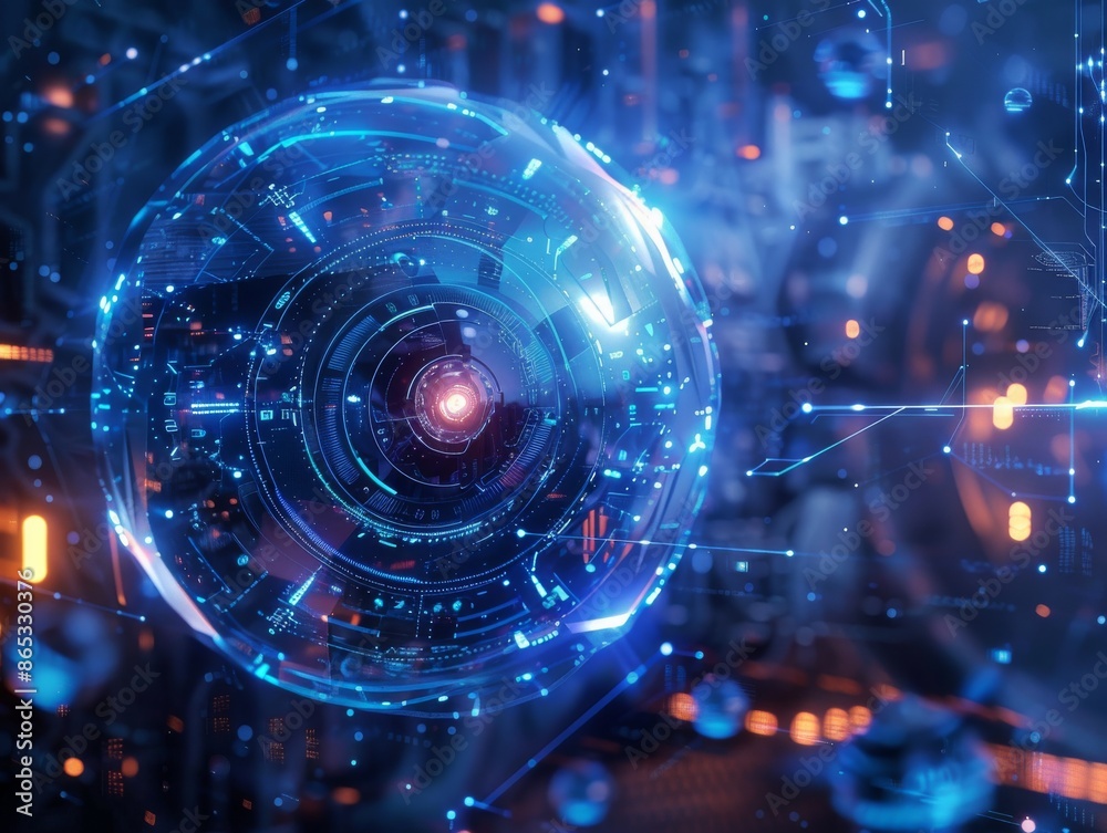 Fototapeta premium A futuristic digital artwork featuring a glowing blue sphere