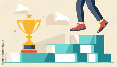 Stepping Up to Success: Man Ascends Stairs to Claim Trophy