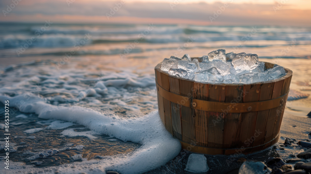 Wooden bucket filled with ice on sandy beach at sunset with ocean waves Wooden bucket filled with ice on sandy beach at sunset with ocean waves