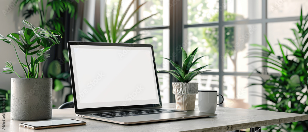 A mockup of a blank empty closed laptop on a table in a living room, with a white screen, a cup of coffee and a smartphone beside the notebook A mockup of a blank empty closed laptop on a table in a living room, with a white screen, a cup of coffee and a smartphone beside the notebook