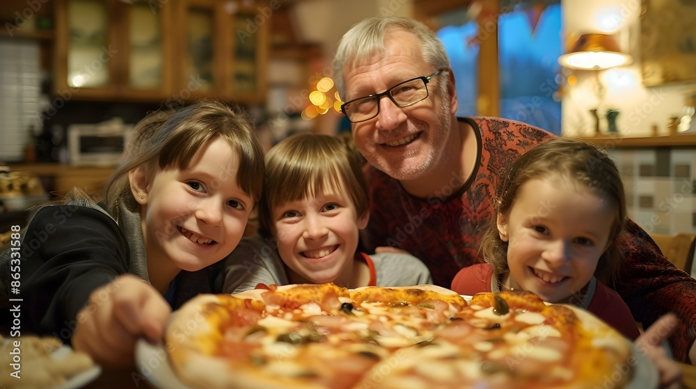 Cheerful Family Enjoying Cozy Pizza Night at Home Together Cheerful Family Enjoying Cozy Pizza Night at Home Together
