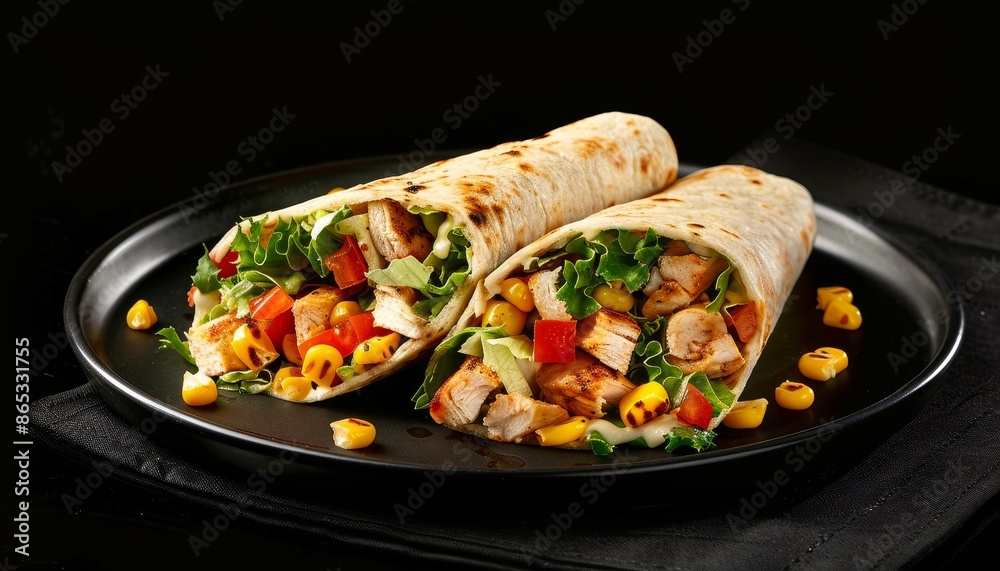 Wrap sandwich with chicken lettuce tomato and corn served on a black plate Wrap sandwich with chicken lettuce tomato and corn served on a black plate