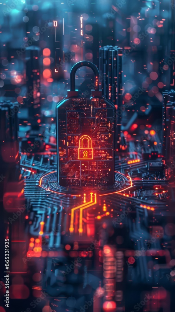 Fototapeta premium Futuristic digital security concept with a glowing padlock on a circuit board, symbolizing cyber protection and data encryption.