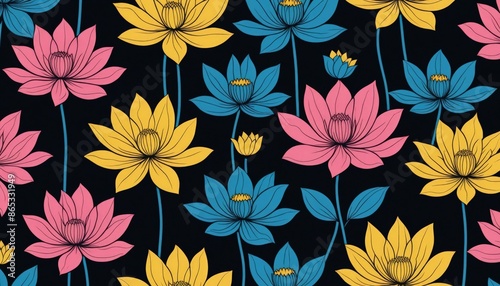 seamless floral pattern, seamless pattern with flowers, seamless background with flowers. lotus. lilies. leave. pink flowers. yellow flowers. black background