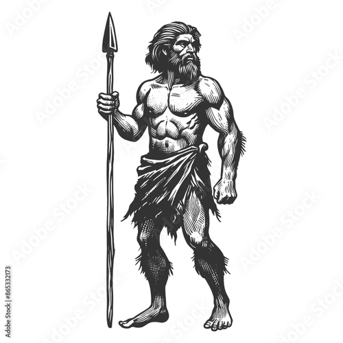 prehistoric caveman holding a spear, showcasing primitive human life and ancient survival tools sketch engraving generative ai vector illustration. Scratch board imitation. Black and white image.