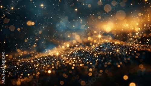 Abstract image featuring a serene distribution of golden and dark blue bokeh lights creating a magical and mystical effect.