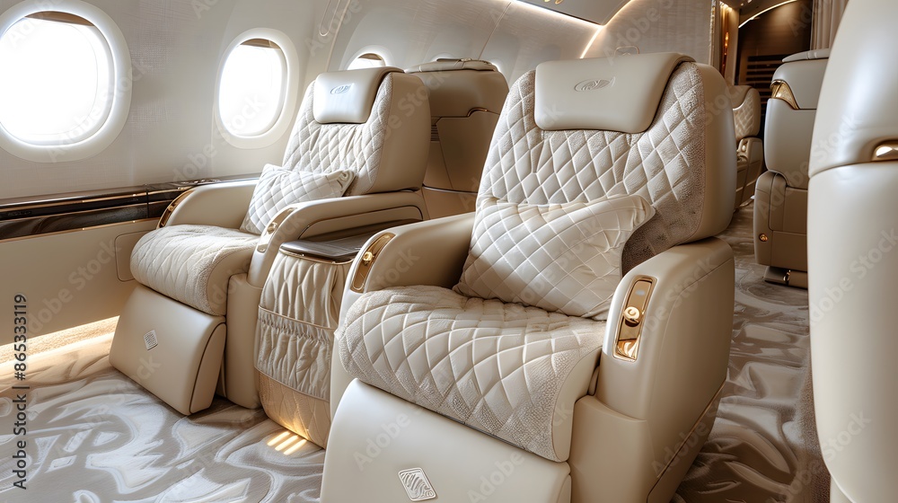 Fototapeta premium Sleek and luxurious private jet interior, featuring plush leather seats with quilted detailing, complementing the light beige color scheme of elegant carpet flooring.