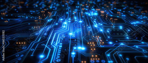 The glowing web of digital innovation:A digital image of a circuit board, showcasing the intricate web of pathways that facilitate the flow of data and power