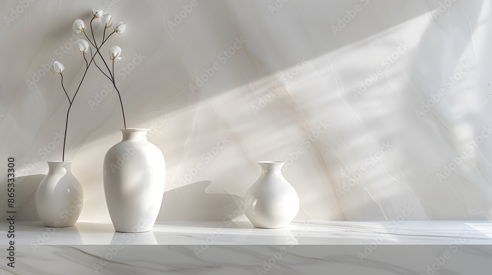 Sleek, white ceramic vases on a glossy marble shelf, embodying a modern minimalist aesthetic. emphasizing simplicity and elegance in a minimalist style. Sleek, white ceramic vases on a glossy marble shelf, embodying a modern minimalist aesthetic. emphasizing simplicity and elegance in a minimalist style.