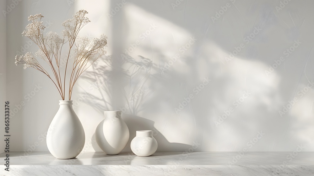 Sleek, white ceramic vases on a glossy marble shelf, embodying a modern minimalist aesthetic. emphasizing simplicity and elegance in a minimalist style. Sleek, white ceramic vases on a glossy marble shelf, embodying a modern minimalist aesthetic. emphasizing simplicity and elegance in a minimalist style.