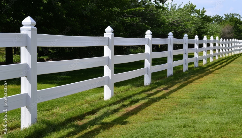 White vinyl fence enclosing private property with plastic grass White vinyl fence enclosing private property with plastic grass