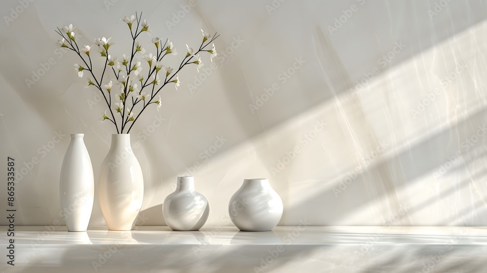 Sleek, white ceramic vases on a glossy marble shelf, embodying a modern minimalist aesthetic. emphasizing simplicity and elegance in a minimalist style. Sleek, white ceramic vases on a glossy marble shelf, embodying a modern minimalist aesthetic. emphasizing simplicity and elegance in a minimalist style.