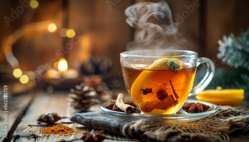 Winter hot tea with fruit spices and steam served in a glass cup on a rustic wooden background at a festive table during Christmas or New Year s photo