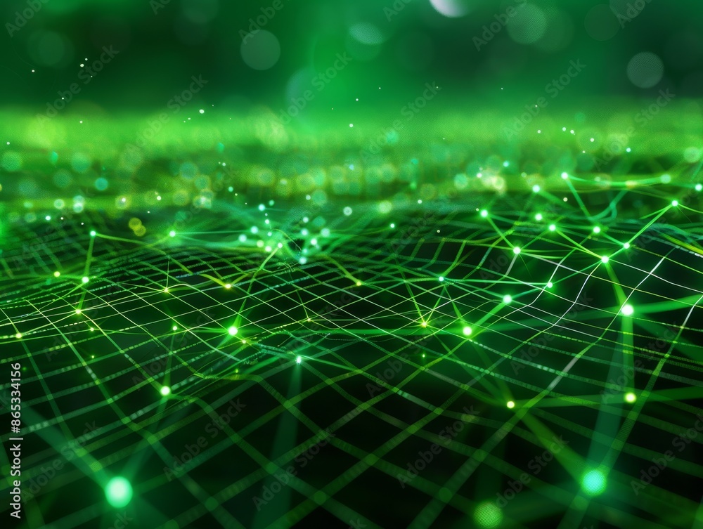 A futuristic digital landscape featuring a green grid with interconnected points A futuristic digital landscape featuring a green grid with interconnected points