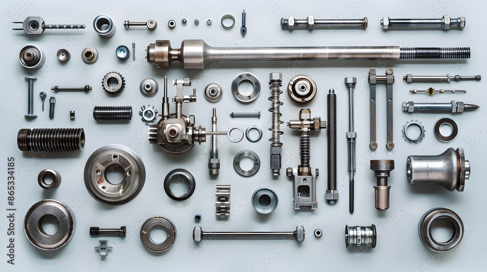 The knolling of mechanical parts in aluminum and stainless steel, presented in a flat lay on a white background, with a hyper realistic photographic style.