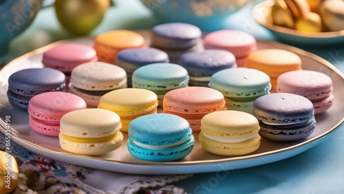 Capture the elegance of French macarons arranged neatly on a plate