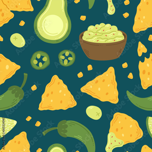 Seamless pattern with nachos snack, guacamole and jalapeno peppers in cartoon flat style on a dark green background. Vector illustration of a background with traditional Mexican food