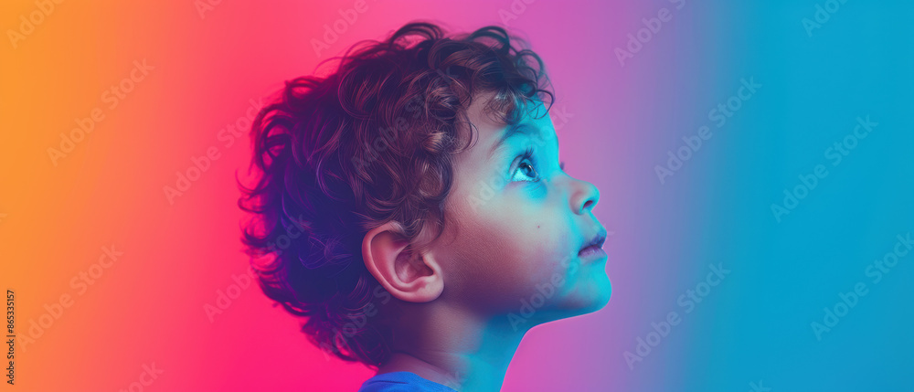 A childs eyes wide with wonder, exploring a new world, brightly colored background