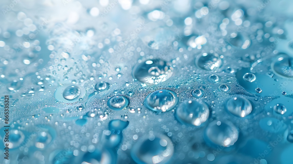 Water drops on a light blue background, bubbles and foam in the texture of water, a macro close up view of a fresh clean surface with air caustics. Water drops on a light blue background, bubbles and foam in the texture of water, a macro close up view of a fresh clean surface with air caustics.