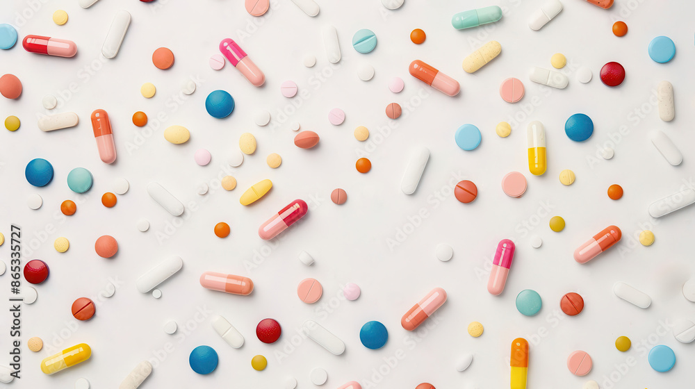 A colorful array of pharmaceutical pills scattered on a white backdrop A colorful array of pharmaceutical pills scattered on a white backdrop
