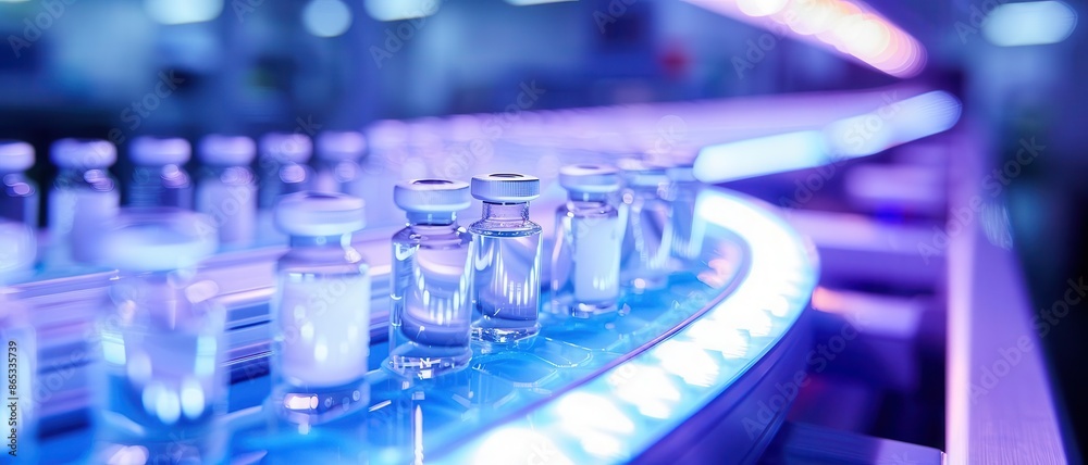 A conveyor belt with medical vials under a bright fluorescent light A conveyor belt with medical vials under a bright fluorescent light