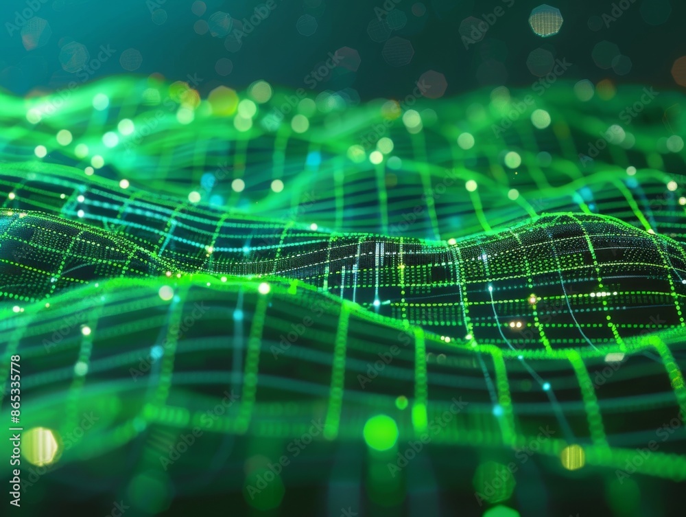 Obraz premium digital landscape, green grid, futuristic network, abstract technology background