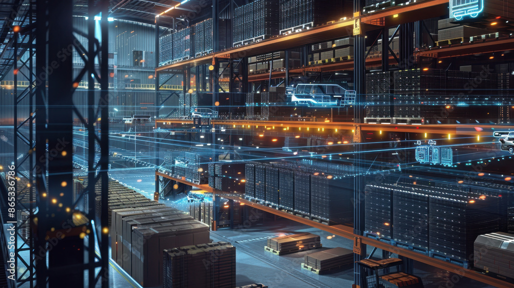 Futuristic warehouse with automated logistics system and digital interface, large storage racks, and organized packages Futuristic warehouse with automated logistics system and digital interface, large storage racks, and organized packages