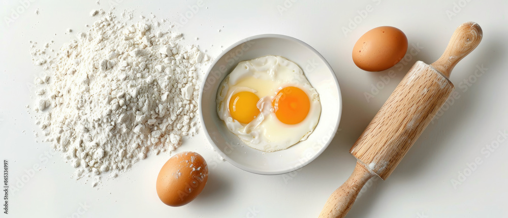 Eggs and flour on a white background, A wooden rolling pin lies nearby Eggs and flour on a white background, A wooden rolling pin lies nearby