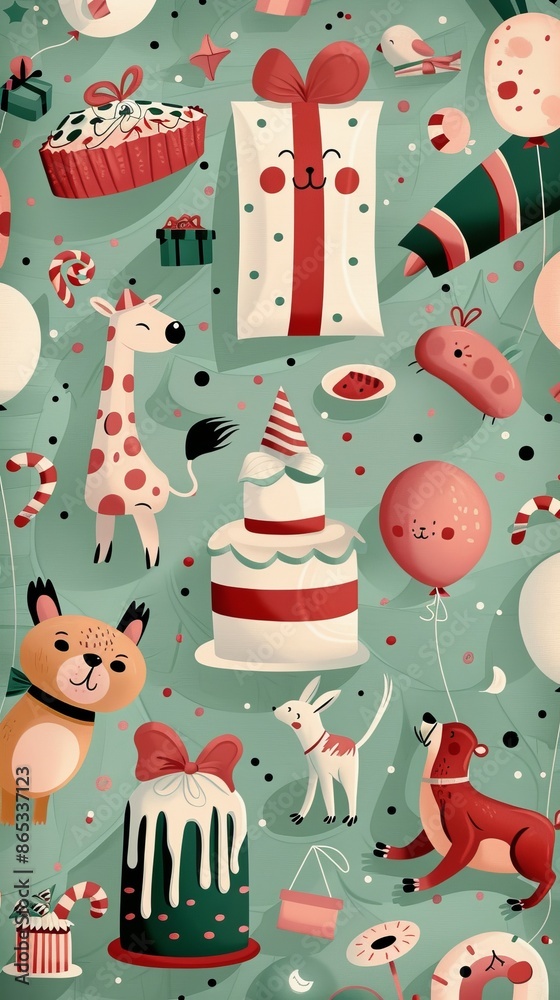 Naklejka premium Playful Birthday Party Themed Greeting Card Template for Kids with Cute Animals, Balloons, and Gifts