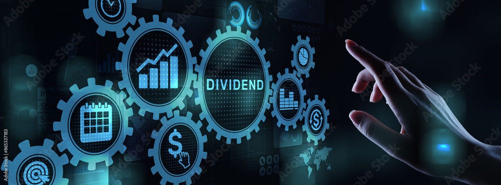 Dividends button on virtual screen. Return on Investment ROI financial business wealth concept. Dividends button on virtual screen. Return on Investment ROI financial business wealth concept.