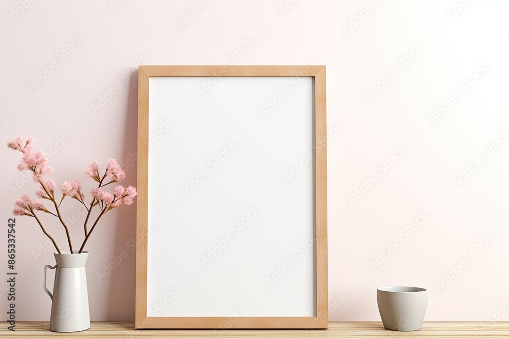 Empty Wooden Picture Frame Mockup on a Table with a Vase of Flowers. Cozy White Interior Background Empty Wooden Picture Frame Mockup on a Table with a Vase of Flowers. Cozy White Interior Background