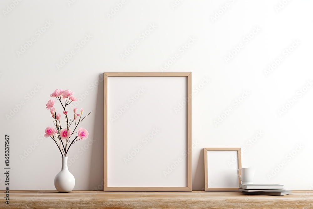 Empty Wooden Picture Frame Mockup on a Table with a Vase of Flowers. Cozy White Interior Background Empty Wooden Picture Frame Mockup on a Table with a Vase of Flowers. Cozy White Interior Background