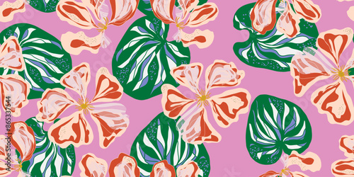 nasturtium flowers ornament stylized blooming linear elements natural motifs seamless overlapping endless pattern rapport vector