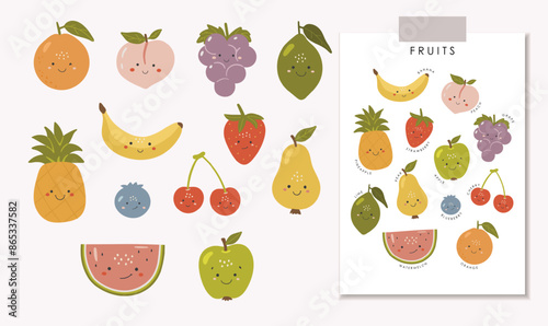 Cute vegetables and fruits, Educational fruits illustration, educational material, kids vector, kindergarten illustration, vegetables vector, preschool design, fruits vector