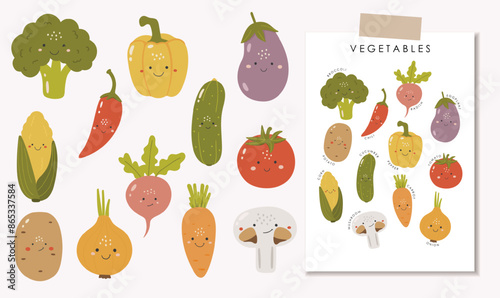 Cute vegetables and fruits, Educational fruits illustration, educational material, kids vector, kindergarten illustration, vegetables vector, preschool design, fruits vector