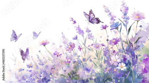 Fototapeta Naklejka Na Ścianę i Meble -  A painting of a field of flowers with butterflies flying around. The mood of the painting is peaceful and serene