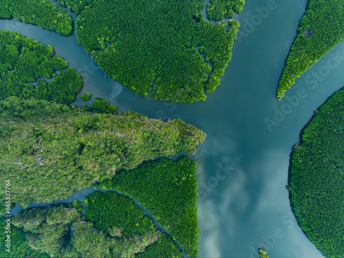 View from above, aerial shot, stunning view of Ao Phang Nga (Phang Nga Bay) National Park with a river flowing through a mangrove forest Thailand. photo